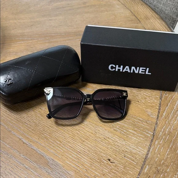 Chanel Black & Gold Leather Sunglasses - Picture 2 of 10